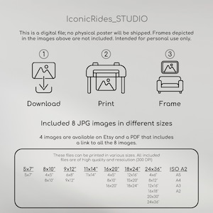 May include: Digital file information graphic with the text "IconicRides_STUDIO". Includes icons for download, print, and frame. Lists various print sizes, including 5x7", 8x10", 9x12", 11x14", 16x20", 18x24", 24x36", and ISO A2.