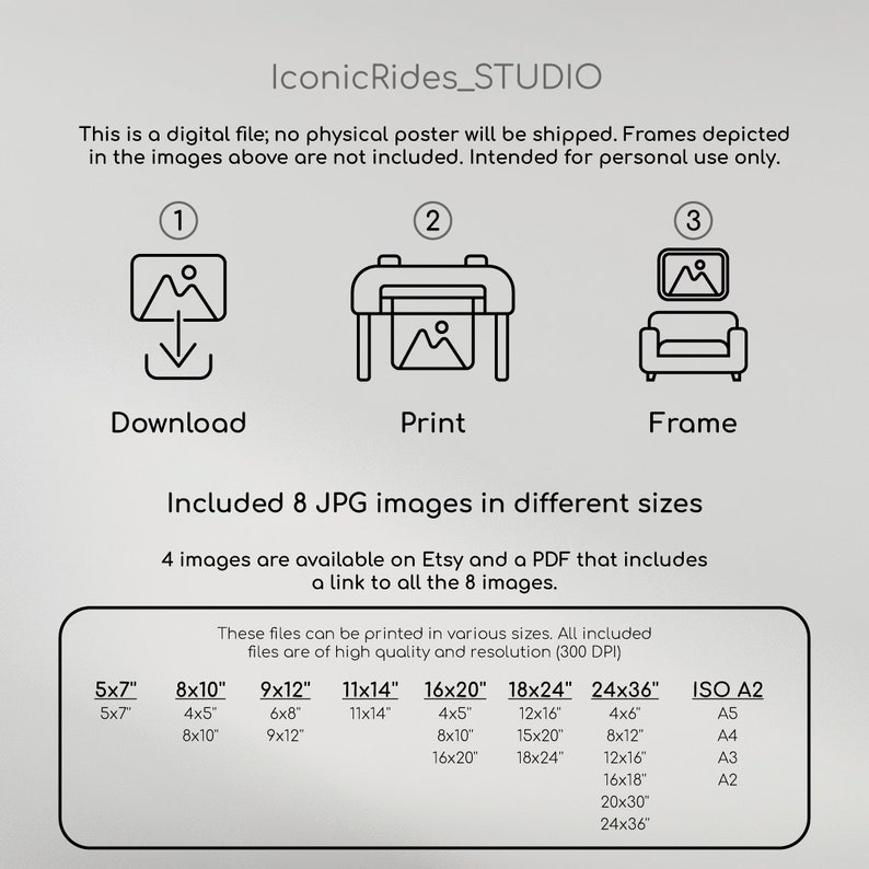 May include: Digital file information graphic with the text "IconicRides_STUDIO". Includes icons for download, print, and frame. Lists various print sizes, including 5x7", 8x10", 9x12", 11x14", 16x20", 18x24", 24x36", and ISO A2.