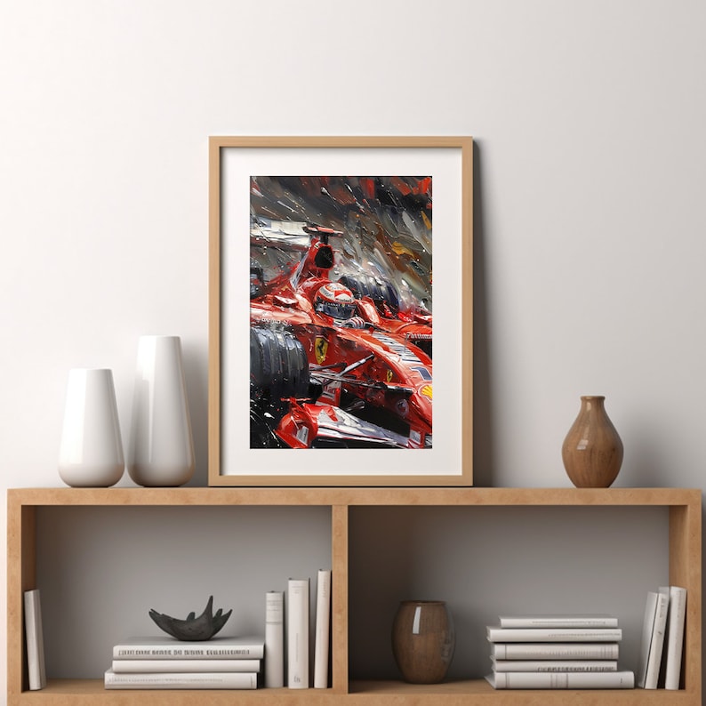K&ouml;nnte beinhalten: Ein gerahmtes Gem&auml;lde eines roten Rennwagens, der durch einen verschwommenen Hintergrund rast. Das Auto ist in einem lockeren, impressionistischen Stil mit sichtbaren Pinselstrichen gemalt.