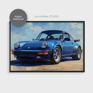 May include: A blue Porsche 911 Turbo painted in a realistic style against a blue sky with white clouds. The car is a classic sports car with a wide body and a distinctive rear spoiler.