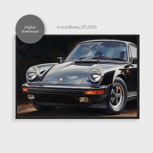 May include: A digital download print of a classic black sports car. The car has round headlights, a low profile, and a prominent front bumper. The print includes the text "digital download" and "IconicRides_STUDIO".