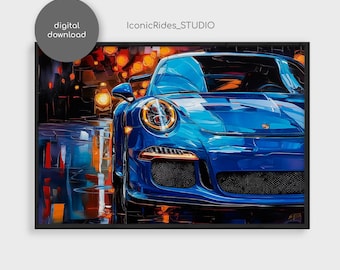 Blue Porsche 911 GT3 Oil Painting Wall Art, Luxury Car Poster, Porsche Print, Car Enthusiast Gift, Garage Decor, Digital Download