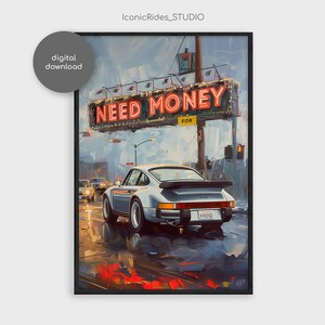 Pode incluir: Um Porsche 911 prateado dirigindo por uma rua da cidade com uma placa de néon que diz "Need Money For". O carro está dirigindo em uma rua molhada com reflexos das luzes da cidade.