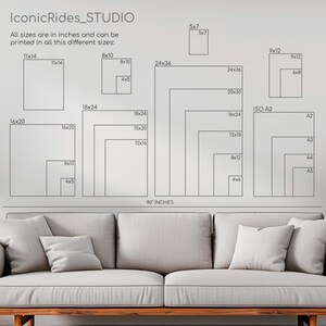 Op de afbeelding: Een grafiek met verschillende afdrukformaten in inches voor verschillende soorten kunstprints. De grafiek bevat formaten zoals 11x14, 16x20, 18x24, 24x36 en 5x7. De grafiek bevat ook standaard papierformaten zoals ISO A2, A3, A4 en A5.