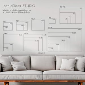 Op de afbeelding: Een witte muur met een diagram dat verschillende afdrukformaten in inches laat zien. De formaten vari&euml;ren van 5x4 inch tot 36x24 inch. Het diagram is gelabeld "IconicRides_STUDIO". Alle formaten zijn in inches en kunnen in al deze verschillende formaten worden afgedrukt.