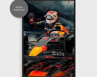 Max Verstappen F1 Oil Painting Wall Art, Red Bull Racing Poster, Formula 1 Print, F1 Gift for Him, Man Cave Decor, Digital Download