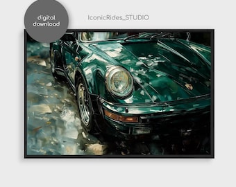 Green Porsche 911 Turbo Oil Painting, Classic Car Wall Art, Vintage Porsche Print, Car Enthusiast Gift, Garage Decor, Digital Download
