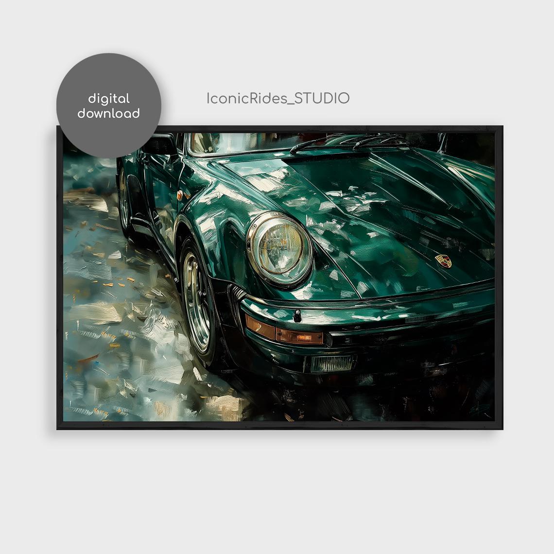 Green Porsche 911 Turbo Oil Painting, Classic Car Wall Art