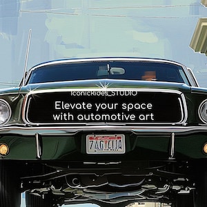 Op de afbeelding: Een groene klassieke auto met een zwart rooster en een kentekenplaat met de tekst "7AGYCUA". De auto is scherp en de achtergrond is wazig. De tekst "Elevate your space with automotive art" staat op de voorkant van de auto.