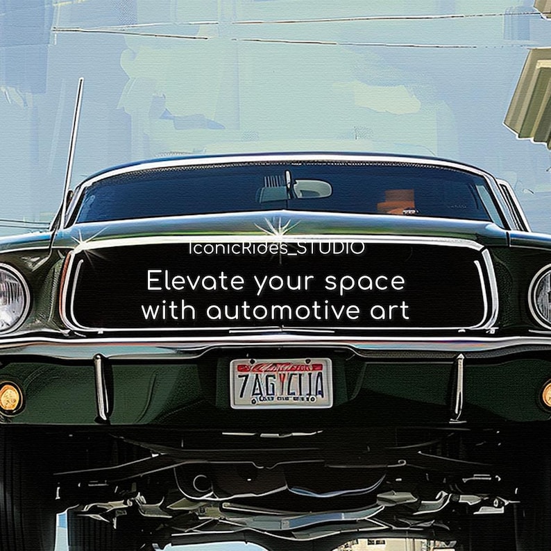 Op de afbeelding: Een groene klassieke auto met een zwart rooster en een kentekenplaat met de tekst "7AGYCUA". De auto is scherp en de achtergrond is wazig. De tekst "Elevate your space with automotive art" staat op de voorkant van de auto.