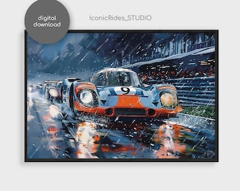 May include: A blue and orange race car with the number 9 on the side, driving through a rainstorm on a race track. The car is surrounded by other cars and spectators.