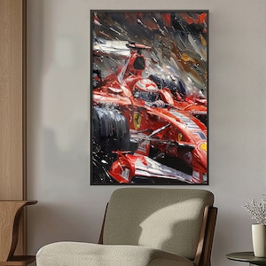 K&ouml;nnte beinhalten: Ein roter Formel-1-Rennwagen rast durch einen verschwommenen Hintergrund. Das Auto ist mit dem Ferrari-Logo und der Nummer 1 bemalt. Das Auto ist in Bewegung, die R&auml;der drehen sich und der Helm des Fahrers ist sichtbar.