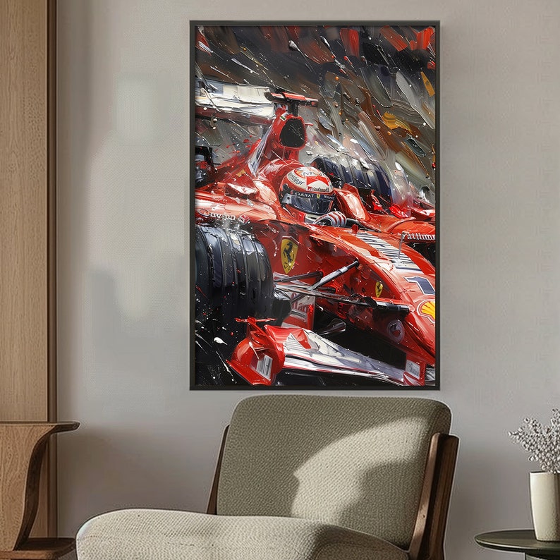 K&ouml;nnte beinhalten: Ein roter Formel-1-Rennwagen rast durch einen verschwommenen Hintergrund. Das Auto ist mit dem Ferrari-Logo und der Nummer 1 bemalt. Das Auto ist in Bewegung, die R&auml;der drehen sich und der Helm des Fahrers ist sichtbar.