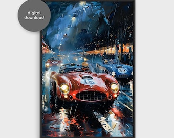 May include: A painting of a red vintage race car driving through a rainy city street at night. The car is in the foreground and there are other cars in the background. The painting is done in a realistic style and the colors are vibrant.