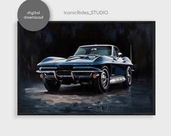 Corvette Sting Ray Oil Painting, Classic Chevrolet Car Art, Vintage Muscle Car Poster, Garage Wall Art, Gift for Car Lover, Digital Download