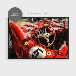 Ferrari Race Car Interior Painting: Vintage Automotive Art (Digital Download)