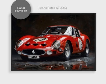 May include: A red Ferrari 250 GTO race car with the number 19 on the side. The car is in a dark garage setting with a reflection of the car on the floor. The license plate reads "IVG-9 D".