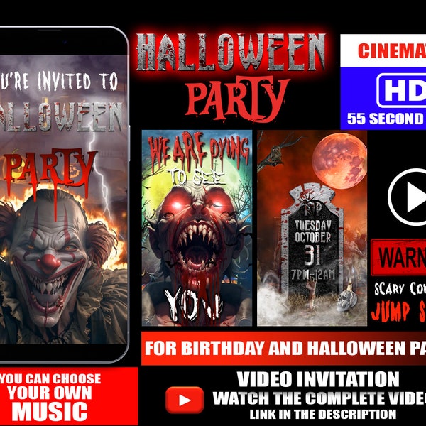 Halloween Invitation, Halloween Party video invitation, Halloween invitation, Zombie, Killer clown, Halloween birthday