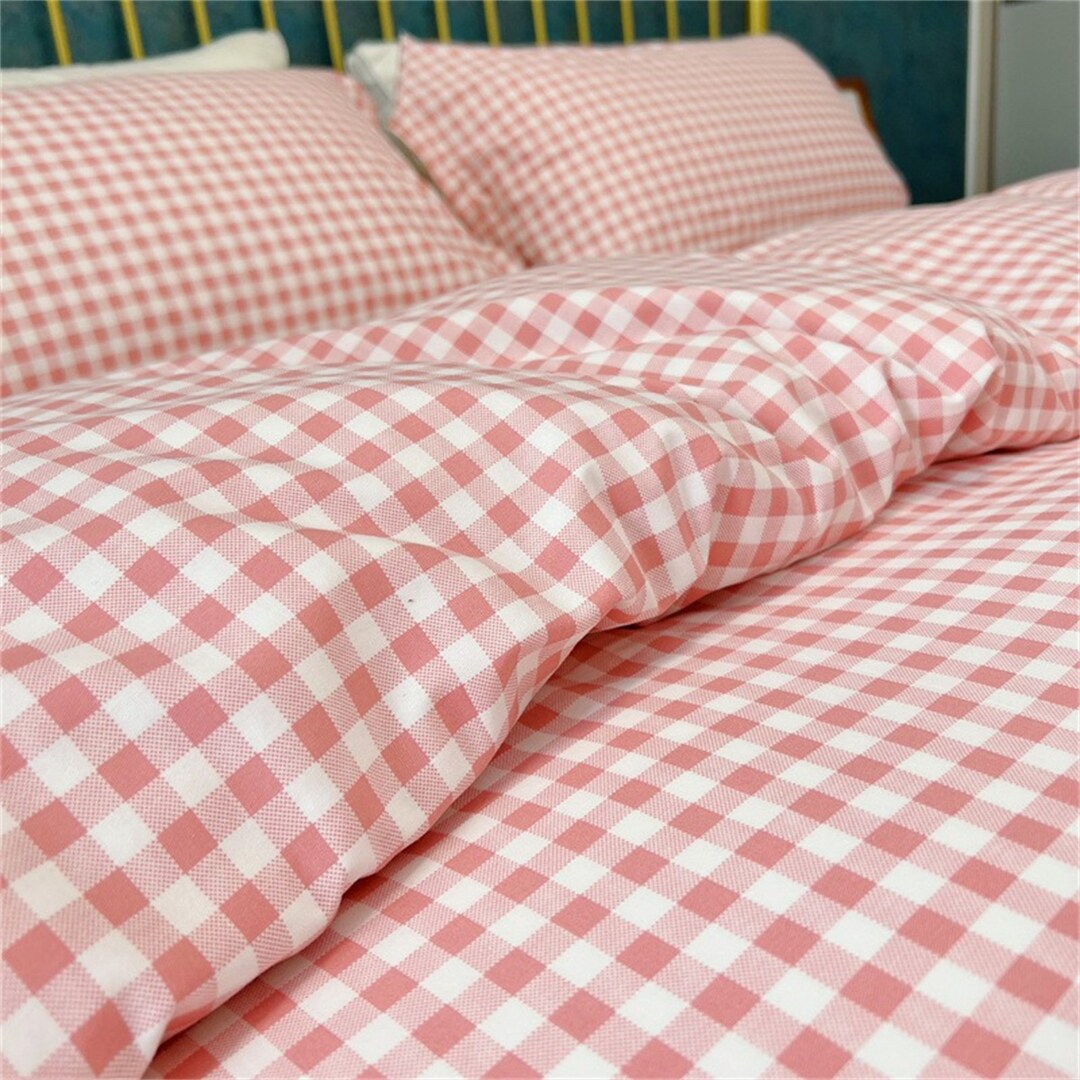 Pink Plaid Duvet Cover Set, Rustic Gingham Duvet Cover With Pillowcases