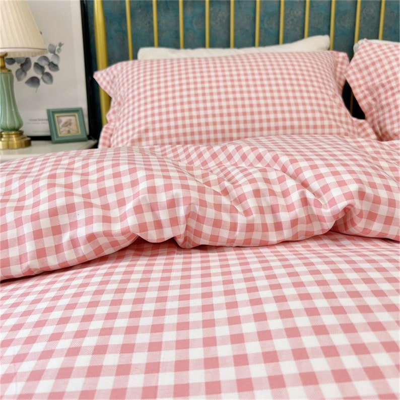 Pink Plaid Duvet Cover Set, Rustic Gingham Duvet Cover With Pillowcases