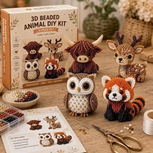 May include: A 3D beaded animal DIY kit featuring a cardboard box with illustrations of a highland cow, deer, owl, and red panda. The set includes four finished beaded animal figures, a bowl of assorted beads, a bead organizer, and instructions.