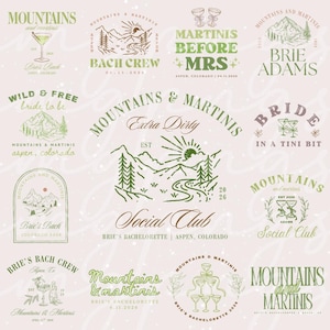 Mountains and Martinis Bachelorette PNG, SVG, PDF. Editable Camp Bach Party Logo Template, Girls Camping Trip Graphics, Camp Bach Png Bundle