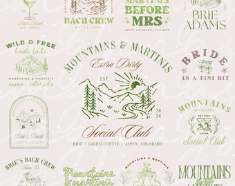 May include: A collection of green and brown mountain-themed logos with text. The logos include phrases like "Mountains & Martinis," "Bach Crew," and "Bride." Some logos feature martini glasses and mountain illustrations. The text includes dates and locations.