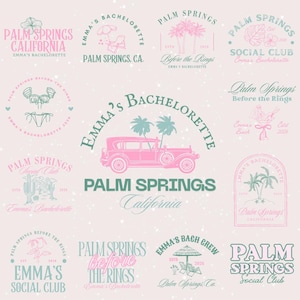 Puede incluir: Una colección de logotipos en rosa y verde azulado con temática de Palm Springs para una despedida de soltera. Los diseños incluyen palmeras, coches antiguos y texto como "Emma's Bachelorette" y "Palm Springs, CA."