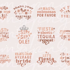 Puede incluir: Una colección de diseños de texto en oro rosa con frases como "tequila made me do it" y "shake your maracas". Los diseños incluyen elementos decorativos como flores, maracas y un sombrero, perfectos para una despedida de soltera o una fiesta.