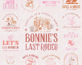 May include: A collection of pink and peach-colored rodeo-themed graphics and text elements. Designs include cowboy hats, boots, horses, and phrases like "Bonnie's Last Rodeo," "Save a Horse Ride a Cowboy," and "Let's Go Girls." The overall theme is a bachelorette party.