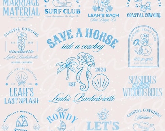13 logotipos editables de vaqueras costeras para despedidas de soltera, paquete de SVG y PNG de despedidas de soltera costeras, paquete de SVG y PNG de playa del oeste, plantilla de despedida de soltera de Canva