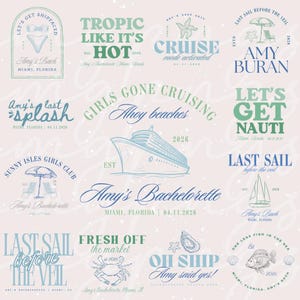 Op de afbeelding: Een roze en wit geïllustreerd ontwerp met een nautisch thema. Het ontwerp bevat een cruiseschip, een krab, een oester, een vis en verschillende logo's met tekst zoals "Girls Gone Cruising", "Last Sail Before the Veil", "Amy's Bachelorette" en "Amy's Last Splash".