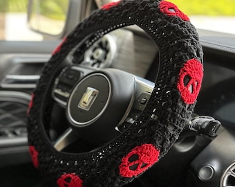 Schädellenkradabdeckung, gehäkelte Sitzgurtabdeckung, gehäkelte Lenkradabdeckung, Frauenautozubehör, gehäkeltes Autozubehör