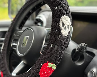 Rattöverdrag med jordgubb och dödskalle, Virkat säkerhetsbältesöverdrag, Rattöverdrag, Biltillbehör för kvinnor, Virkade biltillbehör