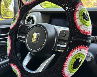 creepy eye Crochet steer Wheel Cover,Crochet Seat Belt Cover, Steering Wheel Cover crochet,Women car accessories, Crochet car accessories