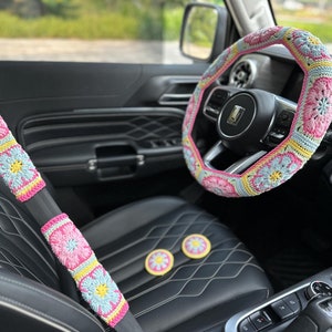 Handmade crochet Steering Wheel Cover for women, cute daisy colorful flower seat belt Cover, Car interior Accessories decorations