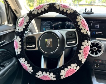 Black Love Heart Lenkradabdeckung, gehäkelte Sicherheitsgurtabdeckung, Lenkradabdeckung, Frauenautozubehör, gehäkelte Autozubehör