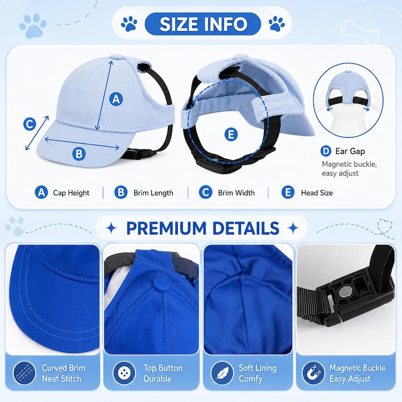 May include: A light blue pet baseball cap featuring a curved brim, ear gaps, and an adjustable black strap with a magnetic buckle. The image includes size information diagrams labeled A through E and close-up views of the stitching, top button, soft lining, and the magnetic buckle mechanism.