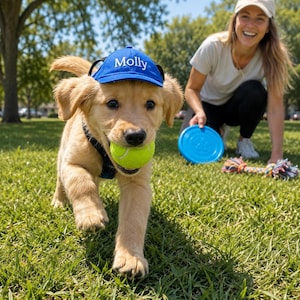 May include: A golden retriever puppy wearing a bright blue baseball cap with the name Molly embroidered in white on the front. The puppy has a black harness and is holding a neon yellow tennis ball in its mouth while running on green grass.