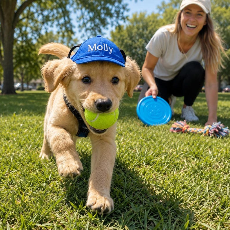 May include: A golden retriever puppy wearing a bright blue baseball cap with the name Molly embroidered in white on the front. The puppy has a black harness and is holding a neon yellow tennis ball in its mouth while running on green grass.