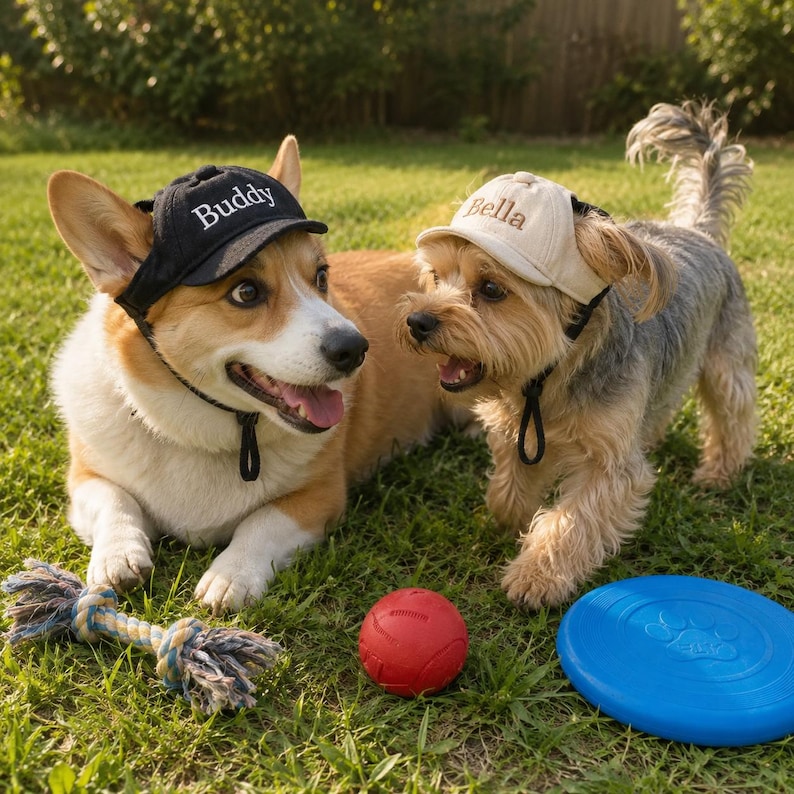 May include: A black baseball cap with the white embroidered name Buddy and a beige baseball cap with the brown embroidered name Bella, both featuring adjustable chin straps, alongside a rope toy, a red ball, and a blue plastic flying disc.