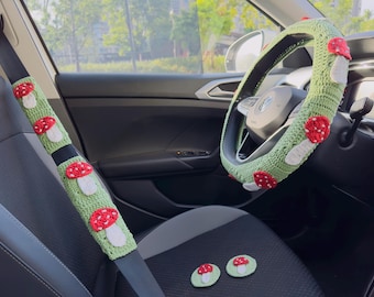 Funda de volante de ganchillo con forma de hongo, funda de cinturón de seguridad de ganchillo con forma de flor, funda de volante de ganchillo, accesorios de coche para mujer, accesorios de coche