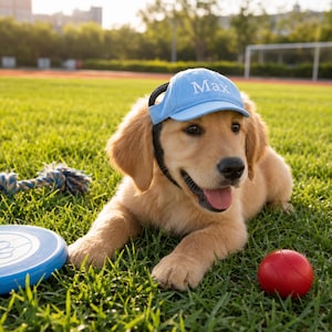 May include: A light blue baseball cap with the name Max embroidered in white thread on the front, worn by a golden retriever puppy. The cap features black adjustable straps and is positioned on the puppy's head while it rests on green grass.