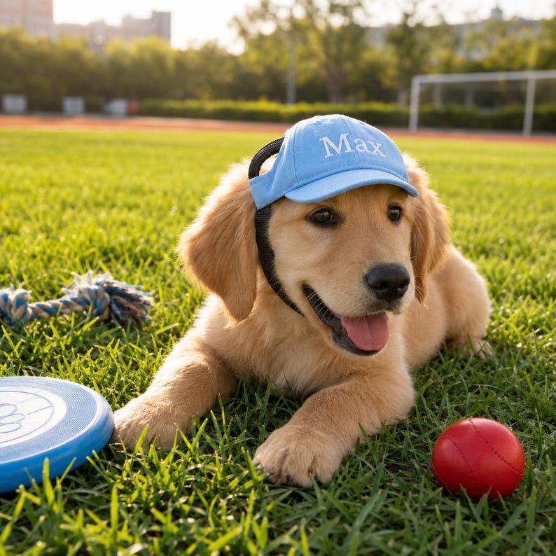 May include: A light blue baseball cap with the name Max embroidered in white thread on the front, worn by a golden retriever puppy. The cap features black adjustable straps and is positioned on the puppy's head while it rests on green grass.