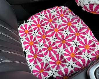 Pink Flower Car Seat Cover,Crochet Seat covers,Steering Wheel Cover Seat cover Headrest Covers Car Accessories,Car Interior Design