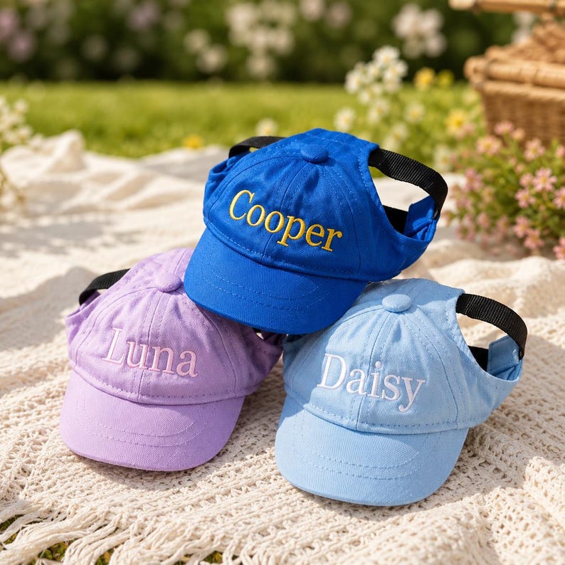 May include: Three pet baseball caps with ear holes and black adjustable straps. The blue cap features the embroidered name Cooper in yellow, the purple cap features Luna in light pink, and the light blue cap features Daisy in white.