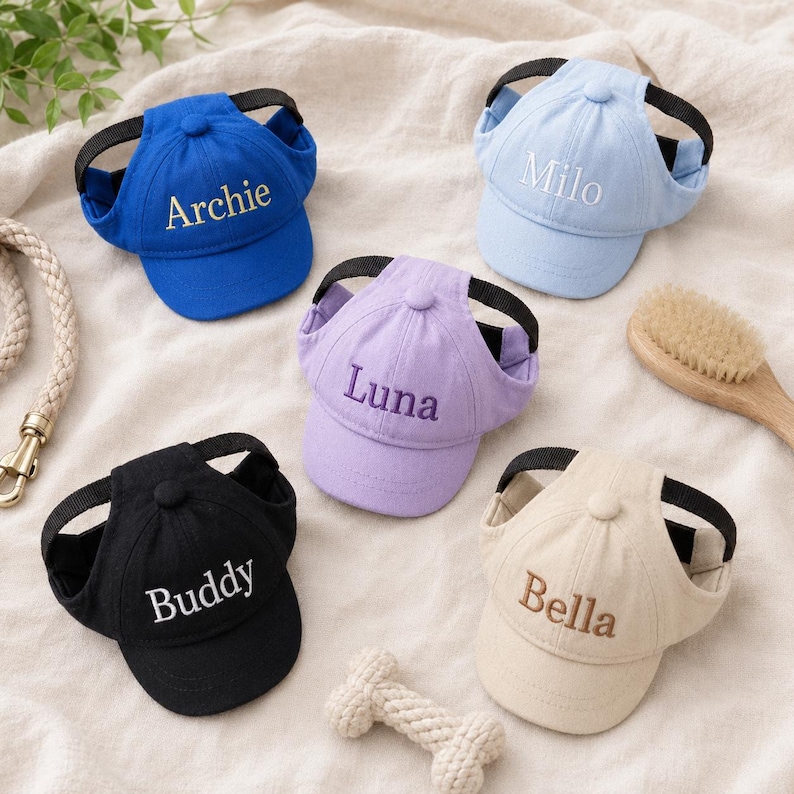 May include: Five baseball caps in blue, light blue, purple, black, and beige. Each cap features an embroidered name on the front: Archie, Milo, Luna, Buddy, and Bella. The caps have black adjustable straps and a button on the top crown.