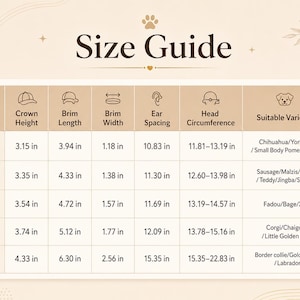 May include: A beige size guide chart for pet hats with columns for size, crown height, brim length, brim width, ear spacing, head circumference, and suitable varieties. Measurements are in inches for sizes S, M, L, XL, and 2XL for various dog breeds.