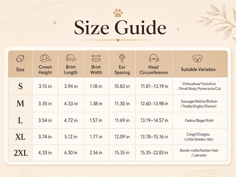 May include: A beige size guide chart for pet hats with columns for size, crown height, brim length, brim width, ear spacing, head circumference, and suitable varieties. Measurements are in inches for sizes S, M, L, XL, and 2XL for various dog breeds.