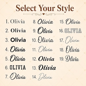 May include: A chart titled Select Your Style displaying nineteen different black font options for the name Olivia, numbered one through nineteen. The background is a light cream color with a subtle pattern of small, faint hearts throughout the image.